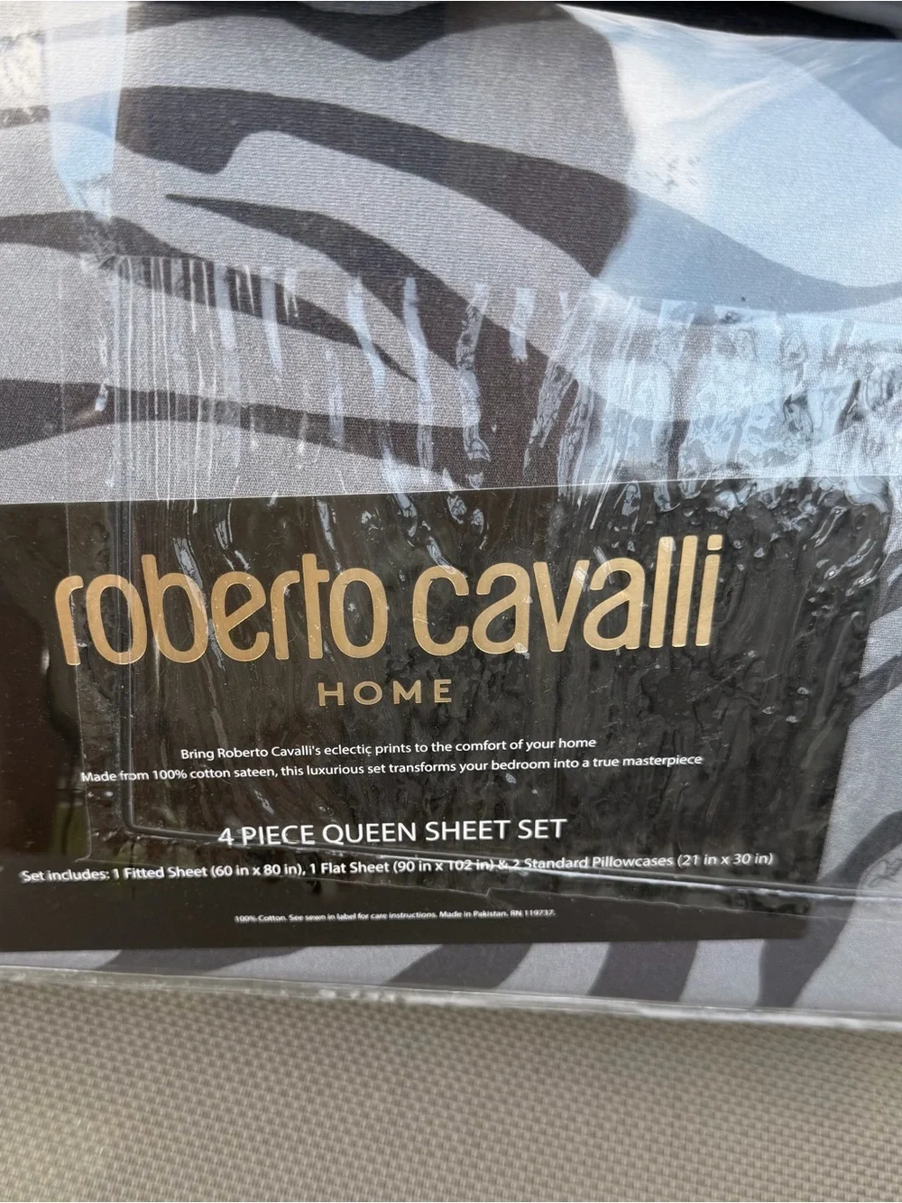 Roberto Cavalli Home Queen Sheet Set 4 Piece Black Gray Zebra 100% Cotton NEW